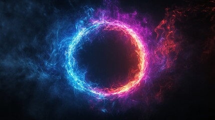 Obraz premium Vibrant Energy Ring with Blue and Orange Flames Surrounded by Dark Smoke Background