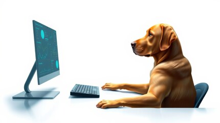 Dog with human body working at a computer, analyzing data. Digital workspace with a canine professional.
