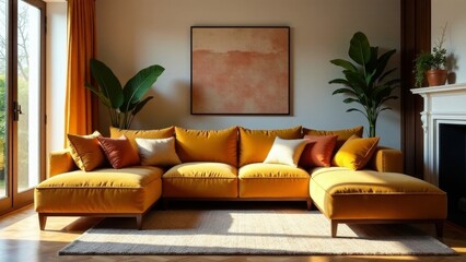 Modern Sectional Sofa in Mustard Yellow with Natural Light and Stylish Decor