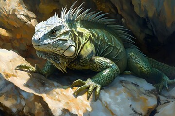 Illustration of an iguana featuring shiny green scales with dazzling detail, sharp eyes observing closely, long curved tail resting calmly on a rock, relaxing enjoying the sunlight