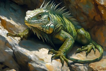 Illustration of an iguana featuring shiny green scales with dazzling detail, sharp eyes observing closely, long curved tail resting calmly on a rock, relaxing enjoying the sunlight