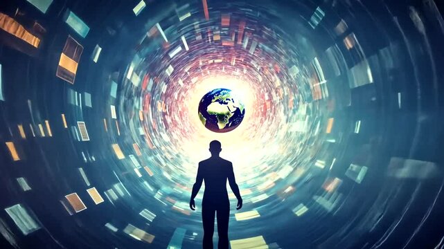 A silhouette of a person standing before a swirling vortex leading to Earth, symbolizing exploration