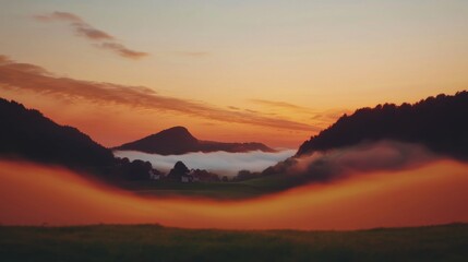 Breathtaking Valley Sunset: Misty Mountain Silhouette with Orange Sky and Trees at Dusk