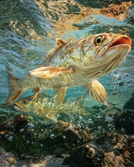 Obraz premium Two Fish Swimming in the Freshwater, Underwater Wildlife Scenery, Aquatic Background