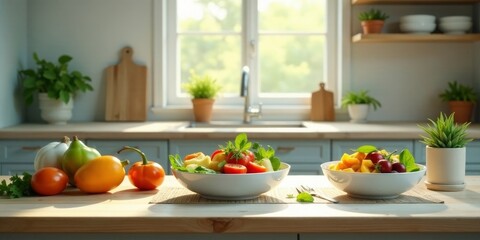 Sunlit Kitchen Countertop with Vibrant Fresh Produce and Two Bowls of Colorful Salads Ready to Enjoy