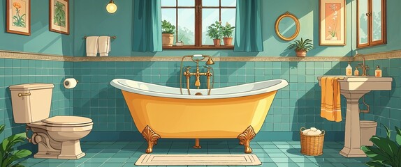 Vintage bathroom with clawfoot bathtub background anime retro cartoon concept illustration