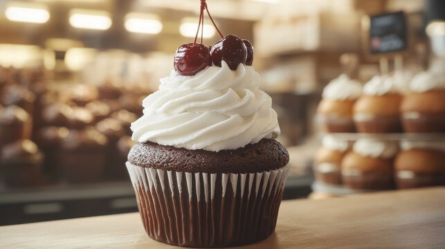 Delicious cupcake with creamy frosting and cherry on top in bakery