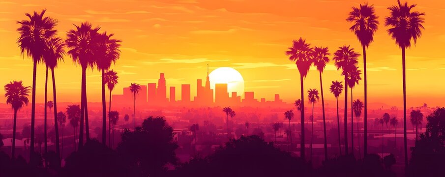 A vibrant cityscape skyline emerges behind silhouetted palm trees
