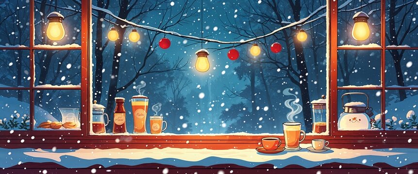 Warm cafe by window with snowfall background anime retro cartoon concept illustration