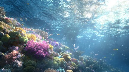 Obraz premium Vibrant Underwater Coral Reef Ecosystem with Sunlight and Fish