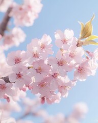 Obraz premium Delicate Cherry Blossom Branch Against Clear Blue Sky, Springtime Floral Beauty, Sakura Season