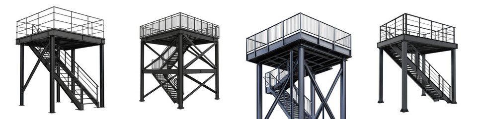 Multiple elevated industrial steel platforms scaffolds and staircase structures for heavy equipment storage production and manufacturing facilities