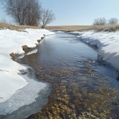 Winter Stream Flowing Through Snowy Banks Landscape with Trees and Clear Water Outdoors Scene