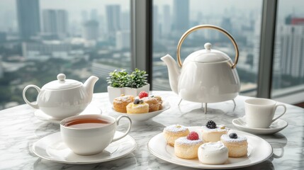 Fototapeta premium Elegant Afternoon Tea Table Setting with City View, Tea and Desserts for Special Occasions
