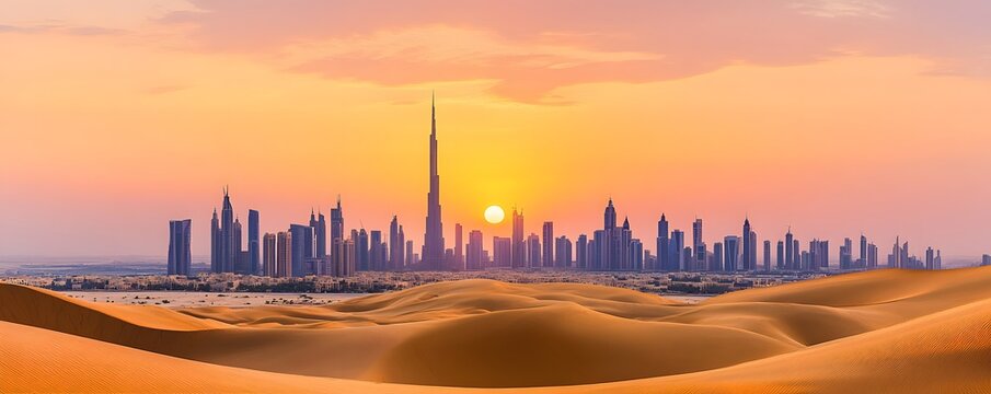 Dubai skyline rises beyond majestic desert dunes during sunset
