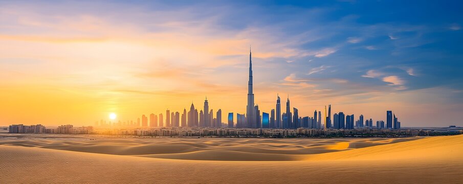 Dubai skyline rises majestically behind serene sand dunes at sunset