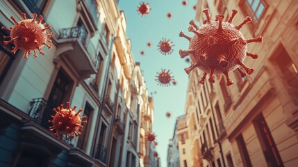 Red virus is flying through the air above a city