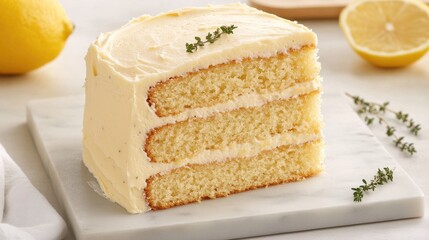 Delicious Lemon Cake with Creamy Frosting and Fresh Thyme Garnish