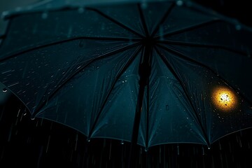transparent umbrella under rain, water drops splashing, dark tones, unsettling details, folded paper aesthetic, geometric precision