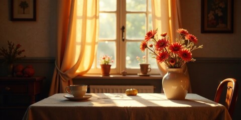 Sunlit Still Life A Serene Table Setting with Orange Flowers in a Vase, a Cup, and Small Gourd on a Linen Tablecloth