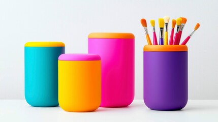 Fototapeta premium Vibrant Colorful Cylindrical Brush Holders Arrayed on White Backdrop Artistic Studio Tools Display