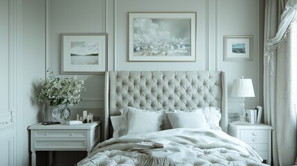 Bedroom with a white bed, white pillows, and a white headboard