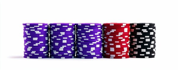 Fototapeta premium Casino Chips Stacked High Purple Red Black Gamble Risk Bet Luck Fun Entertainment Recreation Game