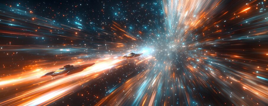 Spaceships traveling through hyper speed in a colorful wormhole