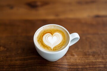 white coffee cup featuring heart-shaped latte art, resting on a wood table. Detailed focus, commercial-grade quality