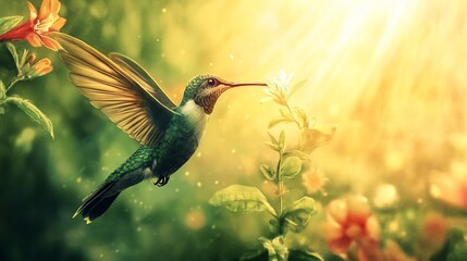 Obraz premium Hummingbird in Flight with Flowers Lit by Golden Sunlight in Soft Artistic Style