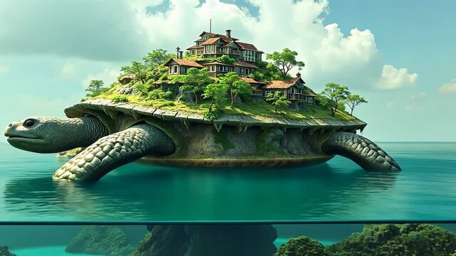 Gigantic Turtle Island Paradise: A Surreal Village on a Turtle's Back