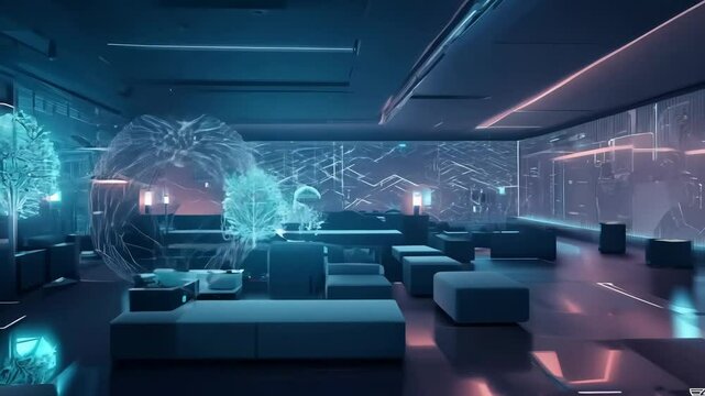 Tranquil Cyberpunk Lounge Digital Backdrop for Streaming and Animation