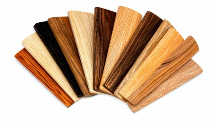 Assorted Wooden Veneer Samples Set in a Fan Pattern Displaying Various Grain Textures and Color Variations