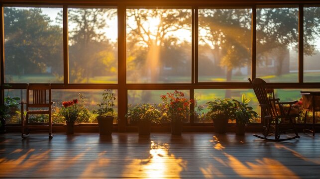 Sunrise through porch windows, rocking chairs and flowers