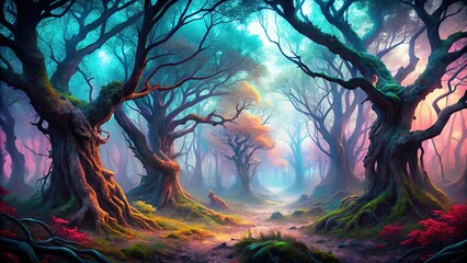 Obraz premium Eerie Foggy Forest: Twisted Trees & Spooky Atmosphere - Fantasy Horror Background