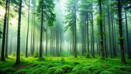 Eerie Misty Green Forest, Tall Trees, Mysterious Woods, Nature Photography