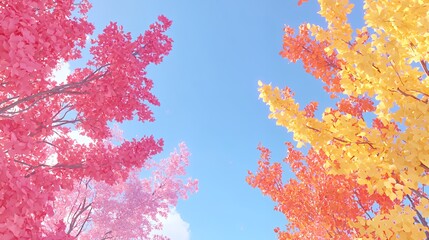 Pink and Yellow Trees Under a Blue Sky