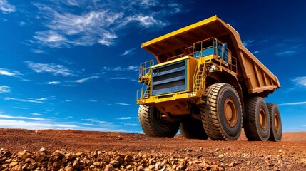 Obraz premium Heavy Haul Truck Digging Up Earth on Mining Site Under Open Blue Sky with Streaks of Clouds
