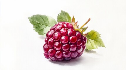 Watercolor painting of a single raspberry with leaves on a white background
