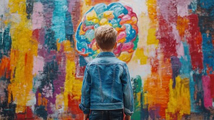 Obraz premium Young boy stands in front of a colorful painting, looking at it with curiosity
