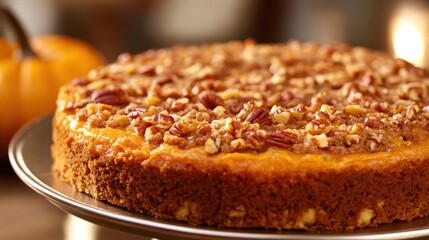 Delicious Pumpkin Pie with Pecans and Crunchy Topping on Plate