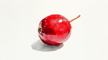 Watercolor painting of a single red berry with a stem on a white background