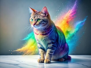 Obraz premium Futuristic Cat Conditioner Bottle with Rainbow Gradient & Floating Dust - Stock Photo