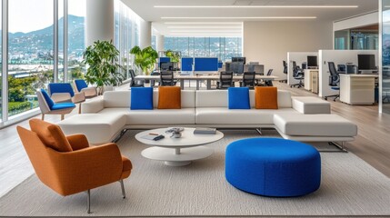 Large open office space with a white couch and blue ottoman