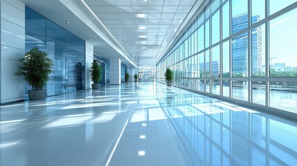 Large, empty, white room with a long hallway and a large window