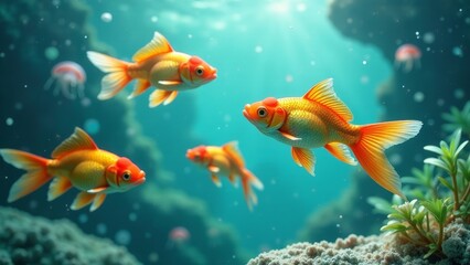 Fototapeta premium Golden fish swimming gracefully in an underwater paradise, surrounded by vibrant aquatic plants and shimmering light