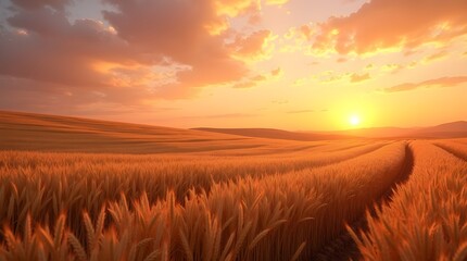Fototapeta premium A golden wheat field stretching endlessly under a dramatic sunset sky, with soft clouds casting shadows over the gently swaying crops