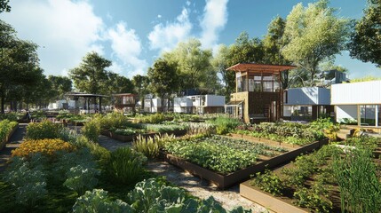 Fototapeta premium Sustainable Community Garden: Eco-Friendly Housing and Urban Farming