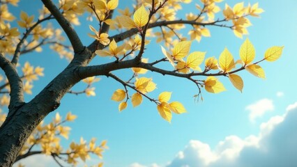 Sunlight Illuminates Delicate Golden Leaves Against a Vivid Azure Sky, Creating a Serene and Peaceful Springtime Scene
