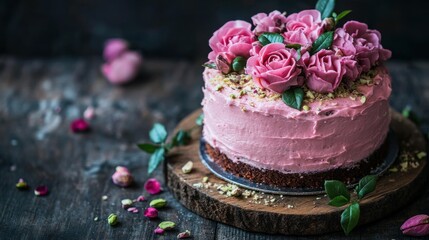 Naklejka premium Elegant Pink Rose Cake with Fresh Flowers and Nut Topping